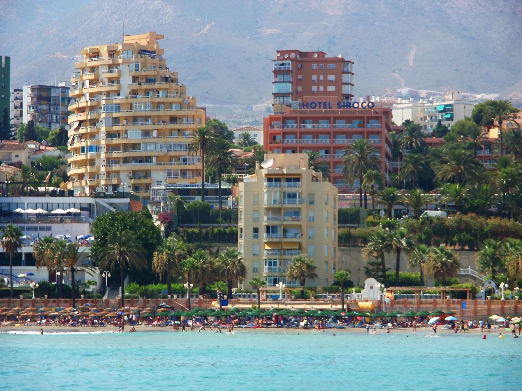 Malapesquera beach and seafront apartment blocks in Benalmádena Costa